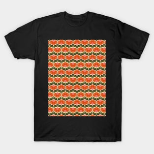 Pink and Orange Flowers and Leaves Seamless Pattern 1970s Inspired T-Shirt